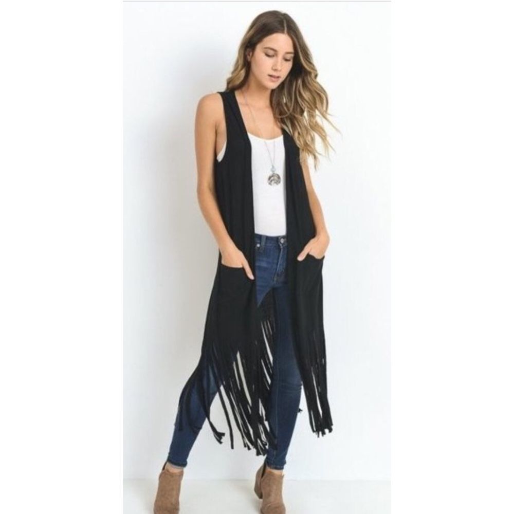 Long Fringe Duster Vest Black Size Small